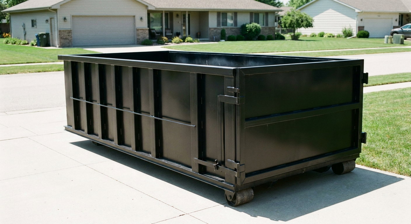 Matte-black 10-yard roll-off dumpster on a residential concrete driveway in Norfolk, uniformly painted matte black across every panel and rail, ribbed steel sidewalls and rear swing door visible, mid-day daylight.