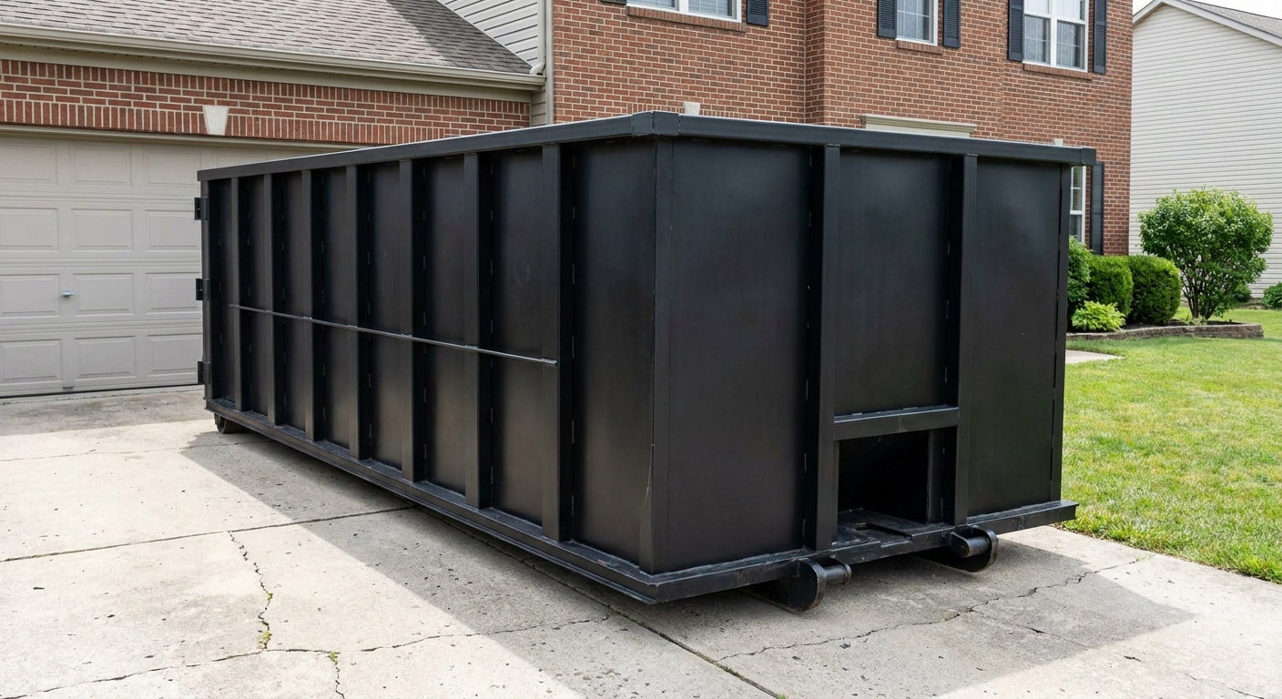 Matte-black 20-yard roll-off container on a Norfolk residential concrete driveway with reinforced ribbed steel sidewalls and a hinged rear walk-in door, clean bright daylight.