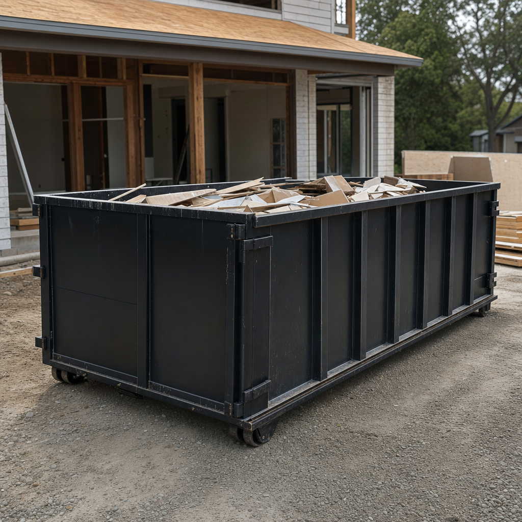 Large matte-black 30-yard construction roll-off dumpster at an active Norfolk jobsite, steel-gray top rails and bottom rollers visible, loaded with construction debris.