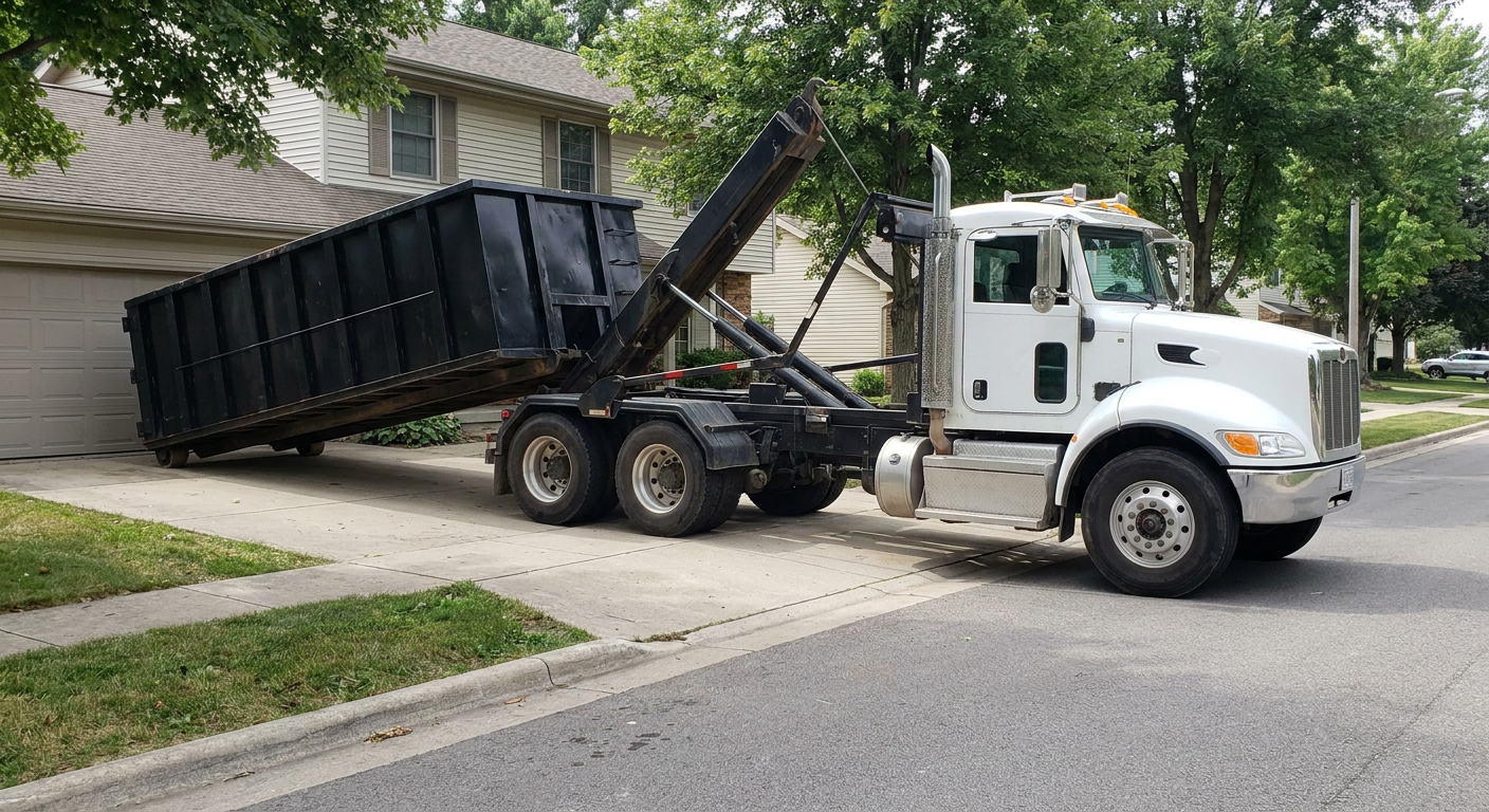 White-cab hooklift roll-off truck actively lowering a matte-black dumpster onto a Norfolk residential concrete driveway, the dumpster's rear wheels touching the driveway as the hoist arm tilts the bed forward, mid-morning daylight.