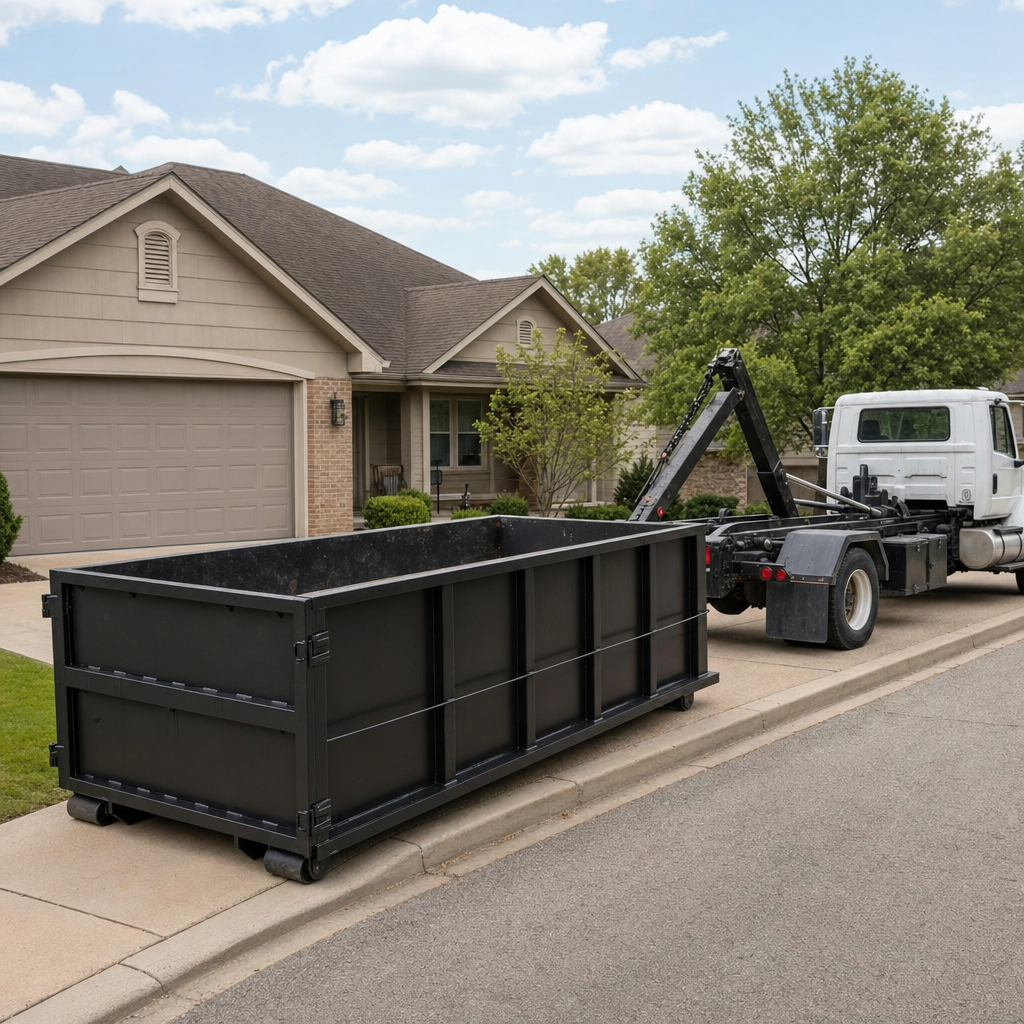 Wide documentary shot of a matte-black roll-off dumpster on a Norfolk residential driveway in the foreground and a contractor jobsite container in the soft-focus background, bright daylight, calm and orderly composition.
