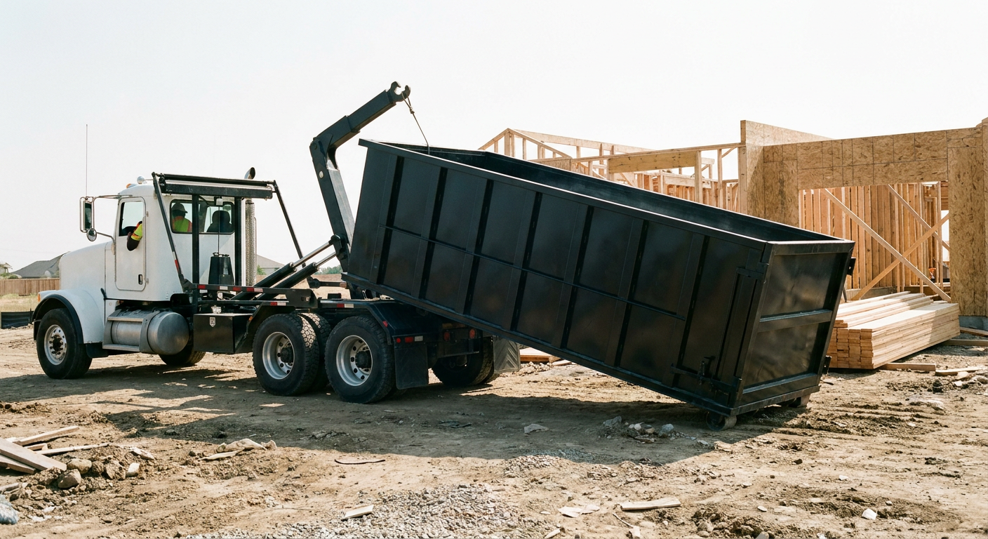 Matte-black roll-off dumpster being delivered onto a clean residential concrete driveway in Norfolk by an unmarked white hooklift hauler truck, bright morning daylight, documentary 35mm perspective.